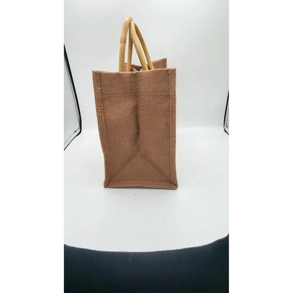 Hand Painted Burlap Tote Bag Bamboo Handles Jute Market Bag Brown